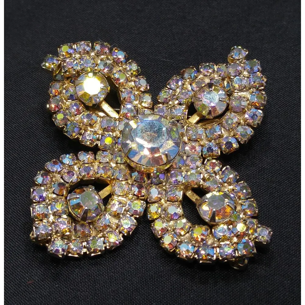 Rhinestones Aurora Borealis Flower Brooch, Gold Plated, 1960s Vintage Jewelry